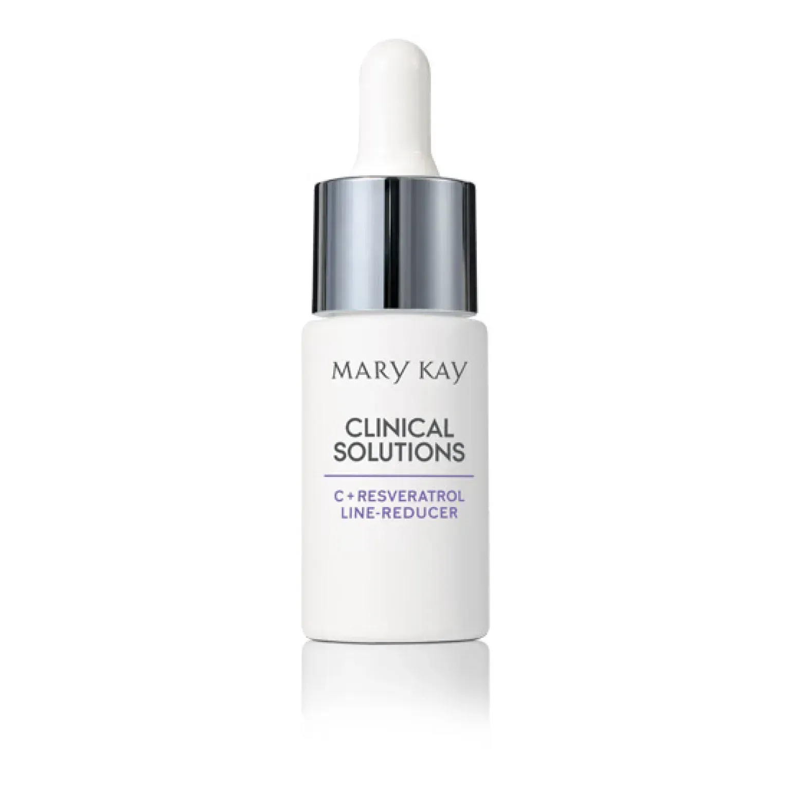 Frasco de sérum para ojos de Mary Kay Clinical Solutions con tapa y gotero plateados, sobre fondo blanco.