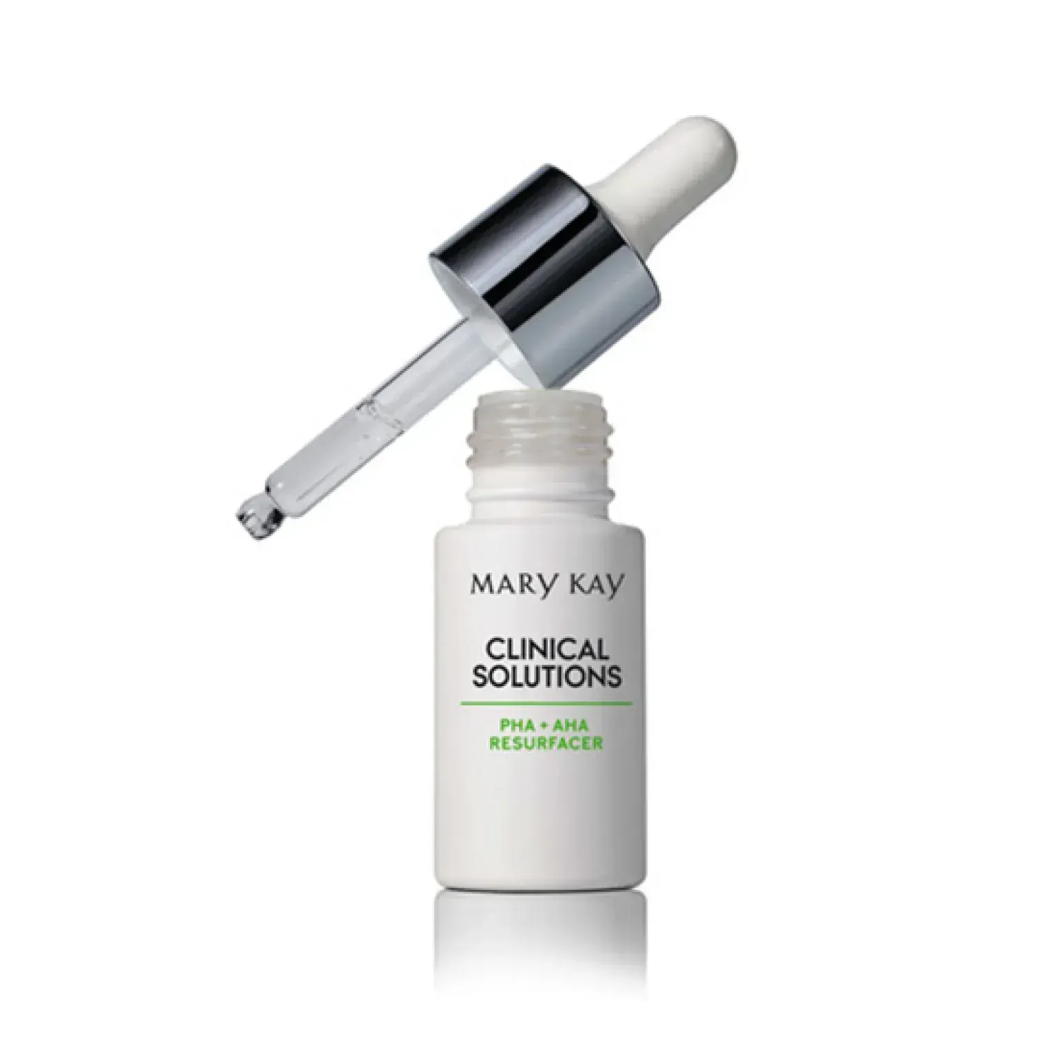 Frasco de sérum facial Mary Kay Clinical Solutions con gotero, envase blanco y plateado.