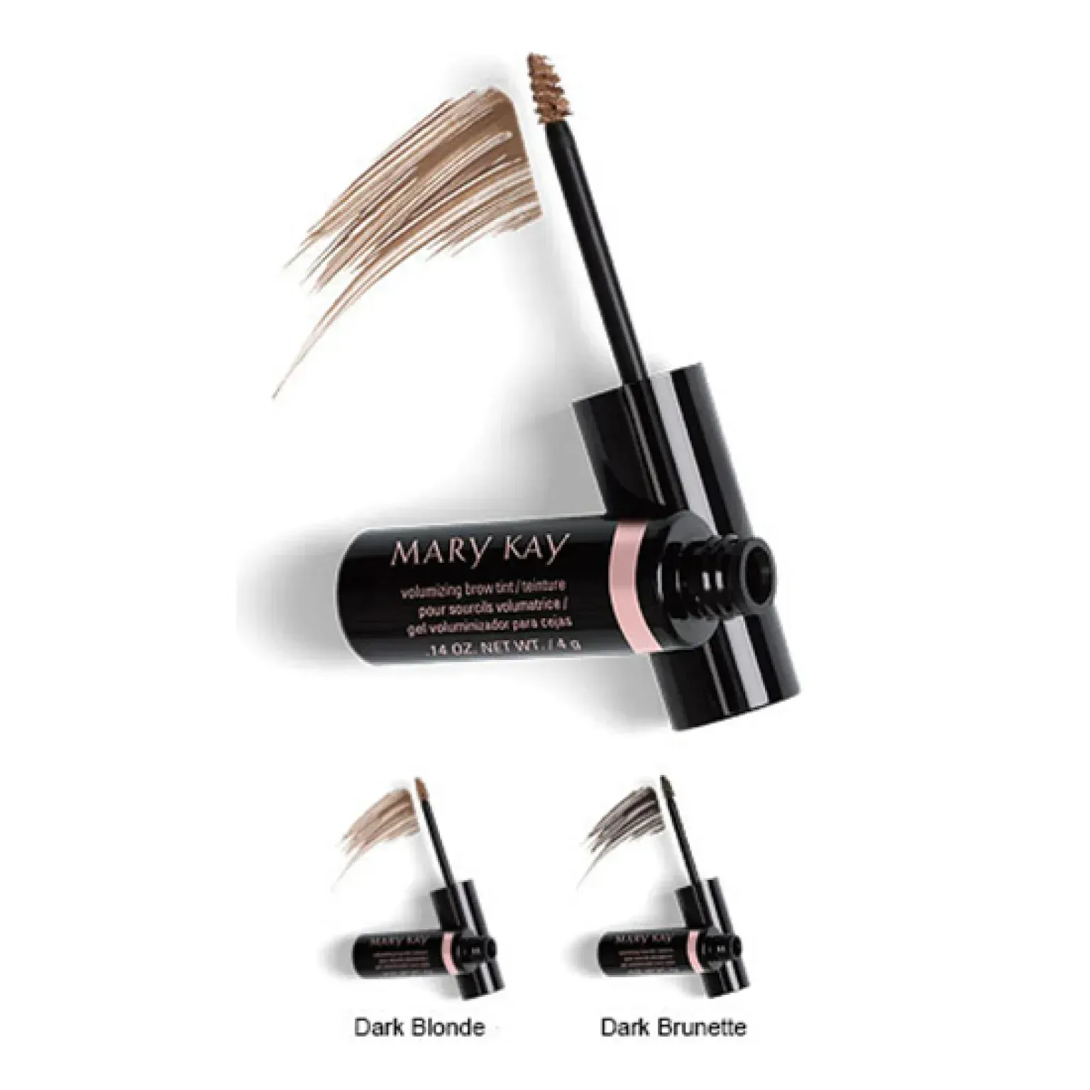 Máscara de cejas Mary Kay en tonos Rubio Oscuro y Castaño Oscuro, con cepillo y muestras de color.