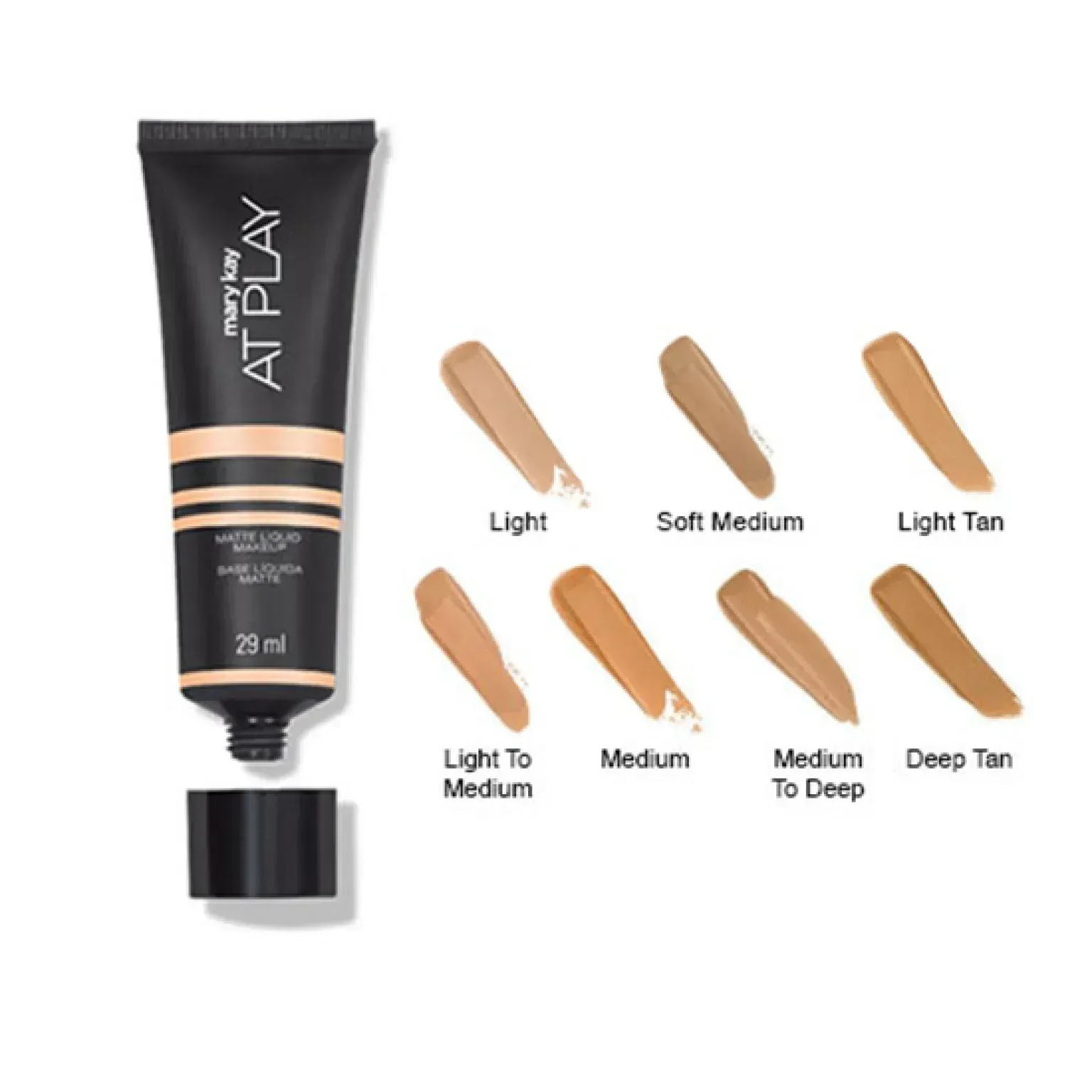 Tubo de base de maquillaje con seis muestras de tonos etiquetadas, desde claro hasta bronceado oscuro.