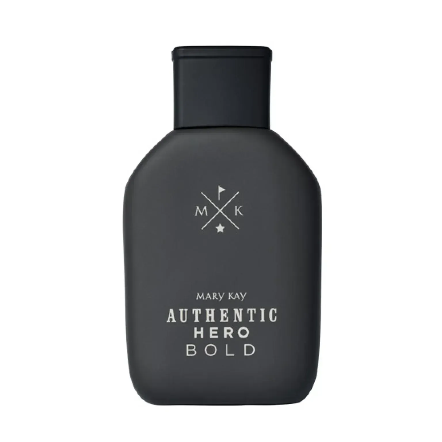Frasco de colonia Mary Kay Authentic Hero Bold negro con tapa cuadrada sobre fondo blanco.