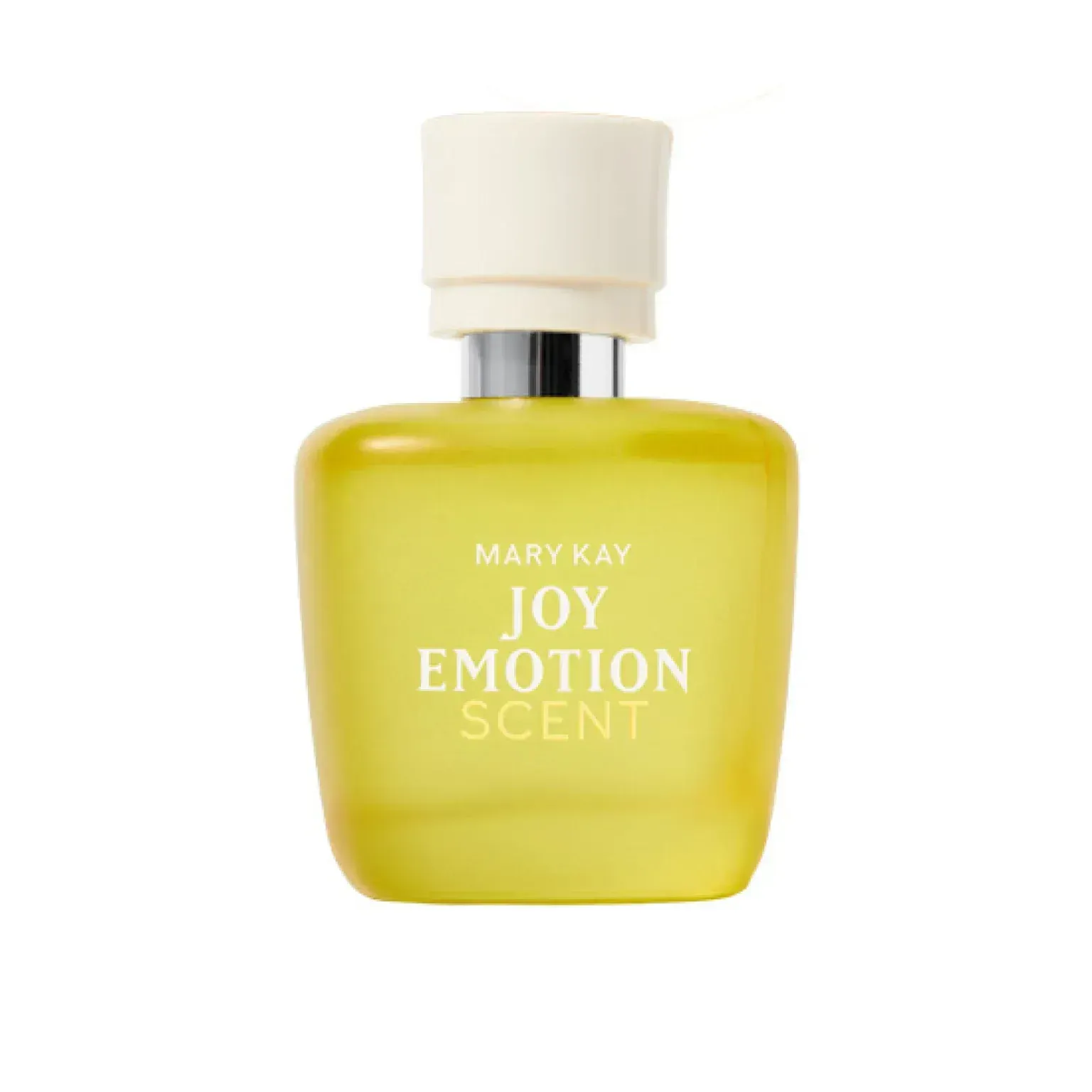 Frasco de perfume amarillo Mary Kay Joy Emotion con tapa blanca sobre fondo blanco.