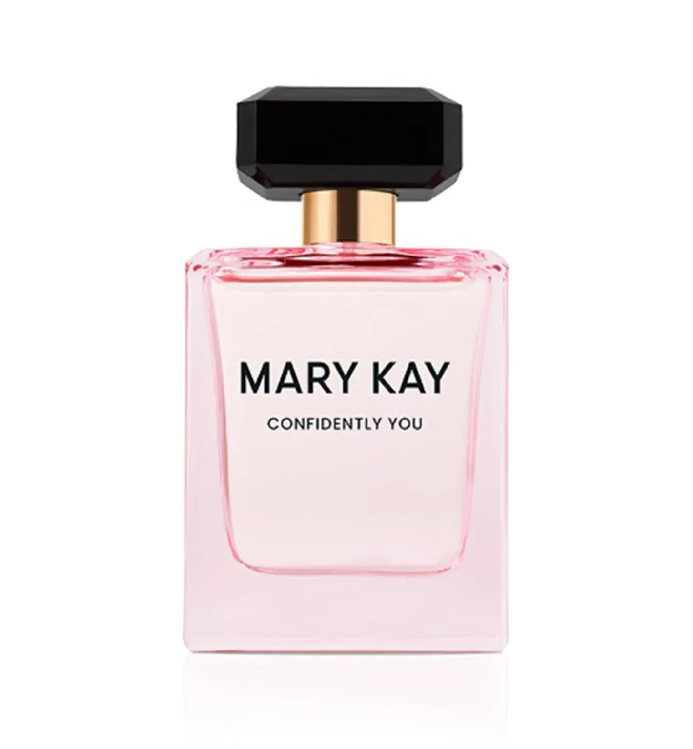 Frasco de perfume Mary Kay Confidently You con vidrio rosa y tapa negra.