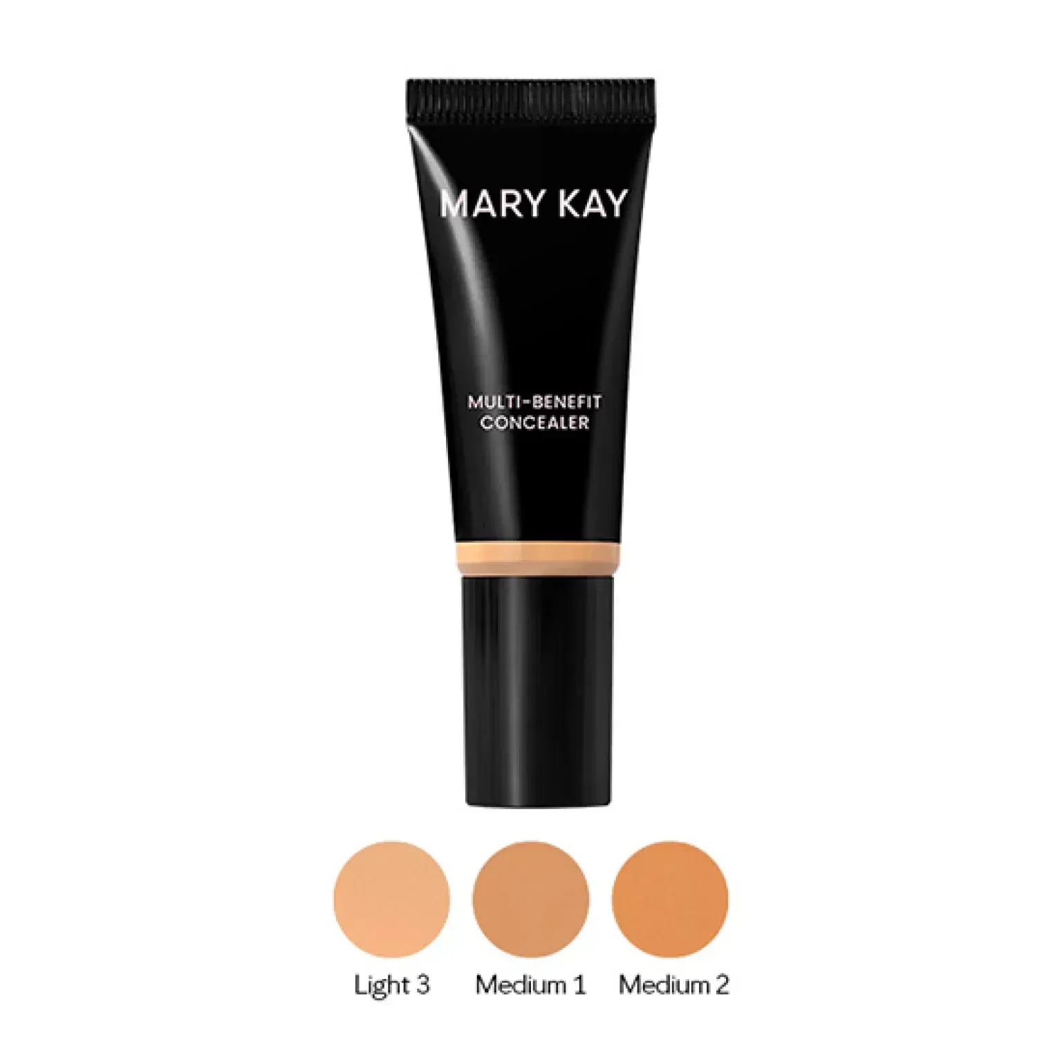 Tubo de corrector líquido para contorno de Mary Kay con tres muestras de tonos etiquetadas como Claro 3, Medio 1, Medio 2.