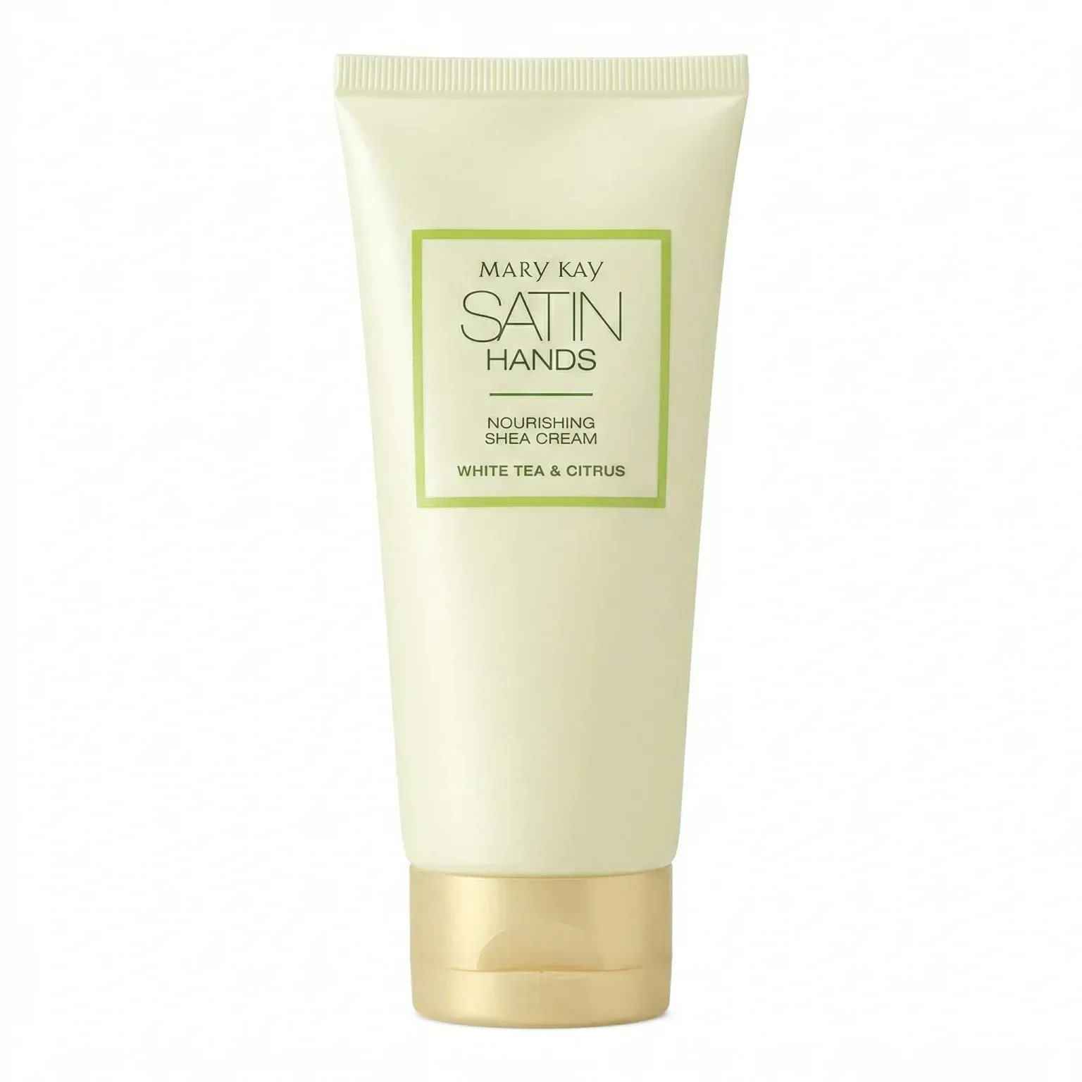 Tubo de crema de manos Mary Kay Satin Hands color beige con tapa dorada sobre fondo blanco.