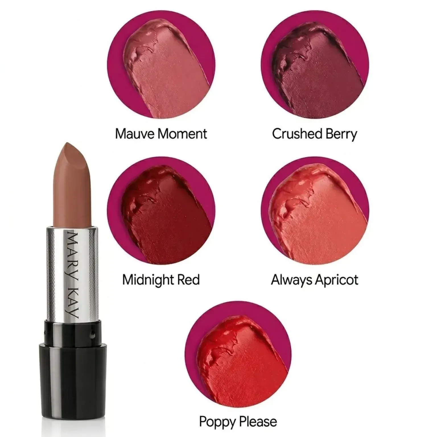 Lápiz labial y cinco muestras de color etiquetadas como Mauve Moment, Crushed Berry.
