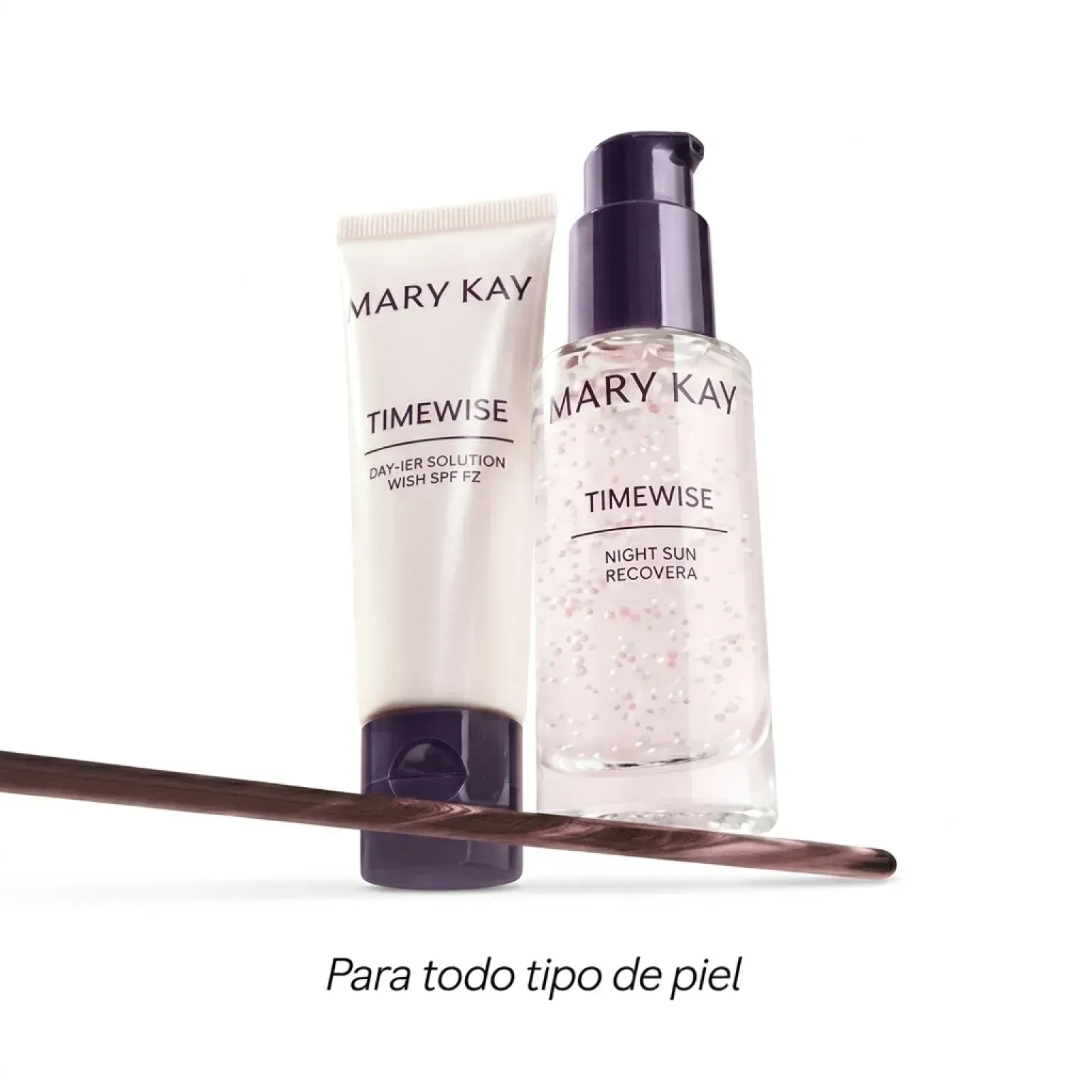 Mary Kay TimeWise skincare bottle and tube with text “Para todo tipo de piel”