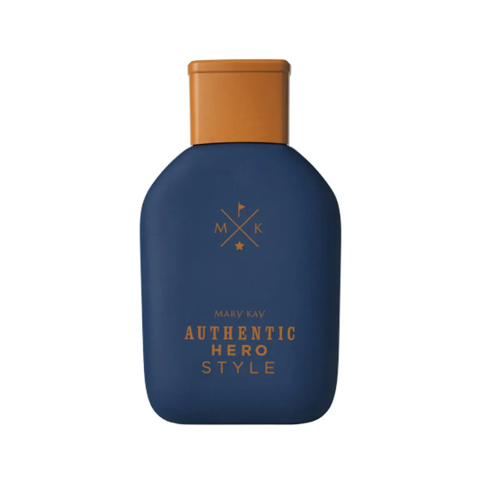 Botella azul y naranja con la etiqueta “Estilo Héroe Auténtico” sobre un fondo blanco.