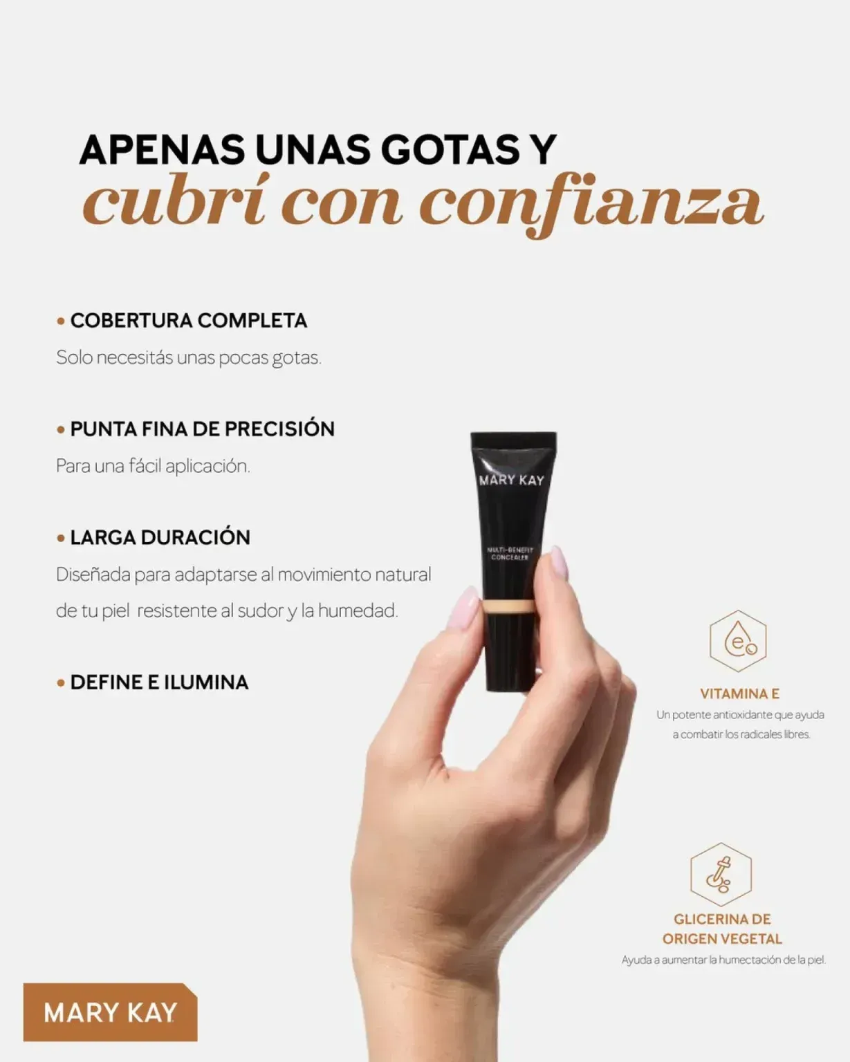 Tubo de corrector líquido para contorno de Mary Kay con tres muestras de tonos etiquetadas como Claro 3, Medio 1, Medio 2.