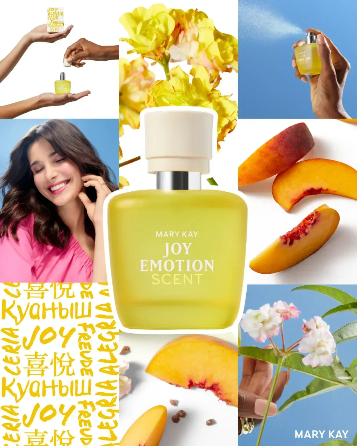 Frasco de perfume amarillo Mary Kay Joy Emotion con tapa blanca sobre fondo blanco.