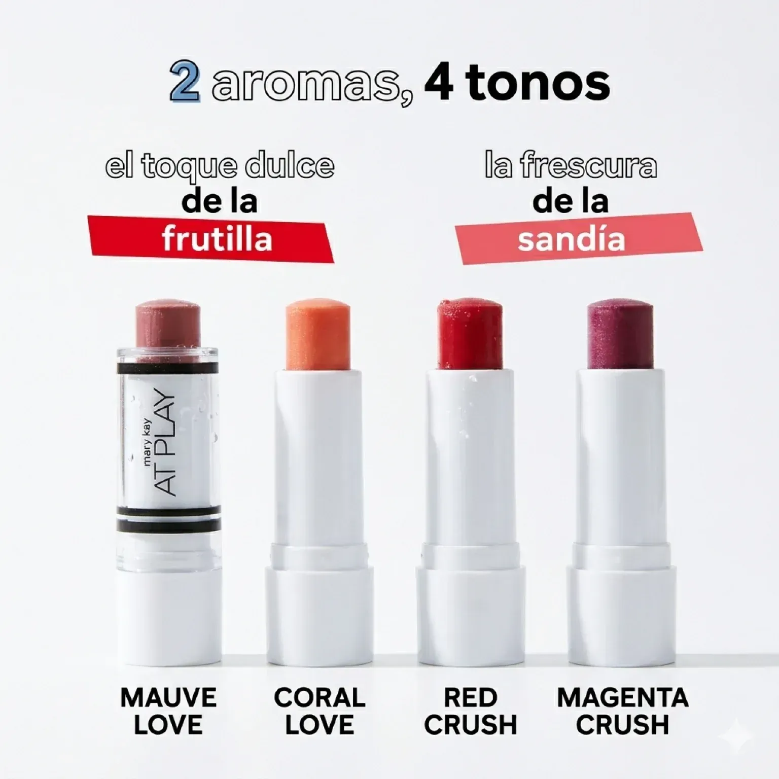 Tubos de bálsamo labial con rodajas de fresa y sandía sobre un fondo blanco.