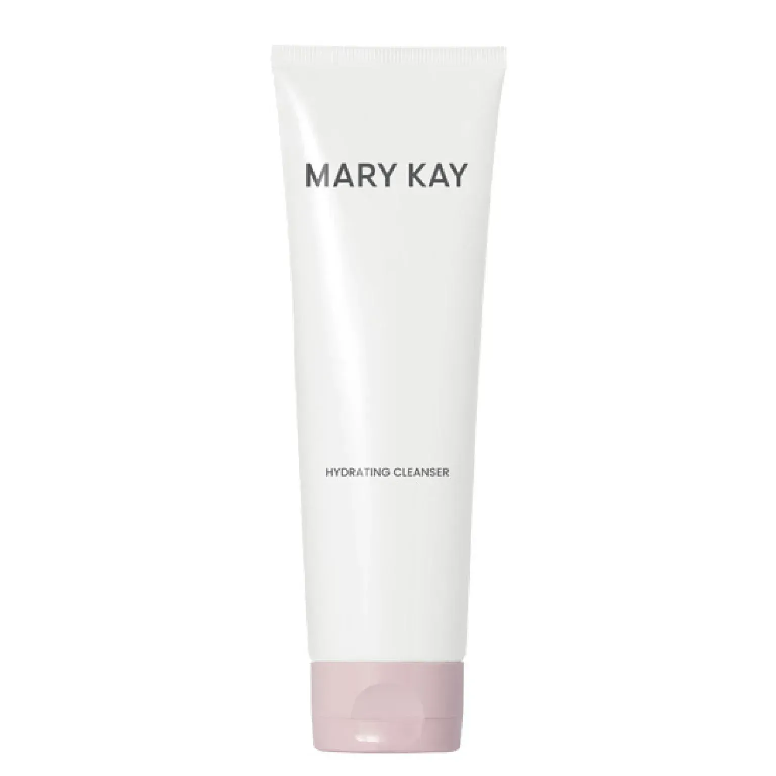 Tubo de limpiador facial blanco de Mary Kay con tapa rosa claro sobre fondo blanco.