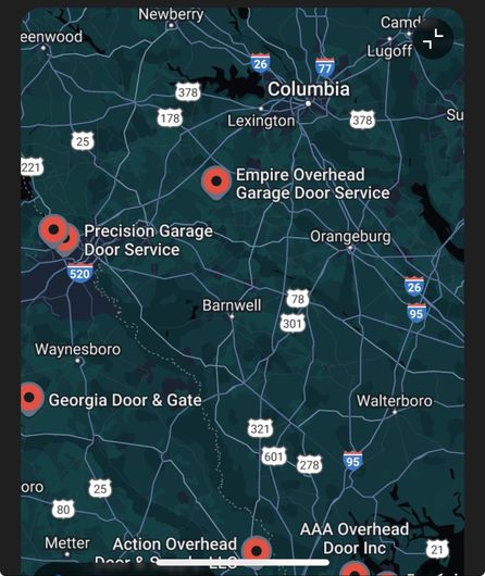 Map of South Carolina with red pins marking overhead door and gate service locations