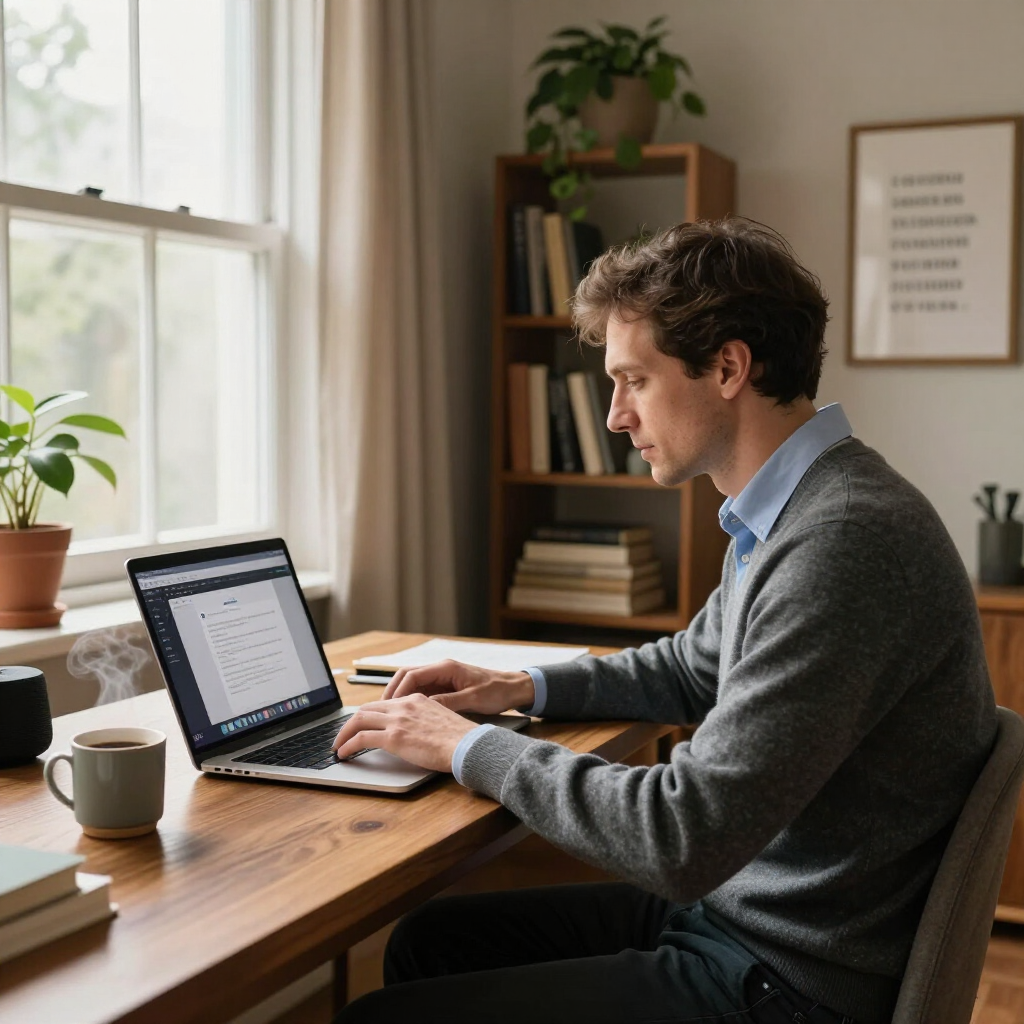 Man working on a laptop at a wooden desk by a window in a cozy home office