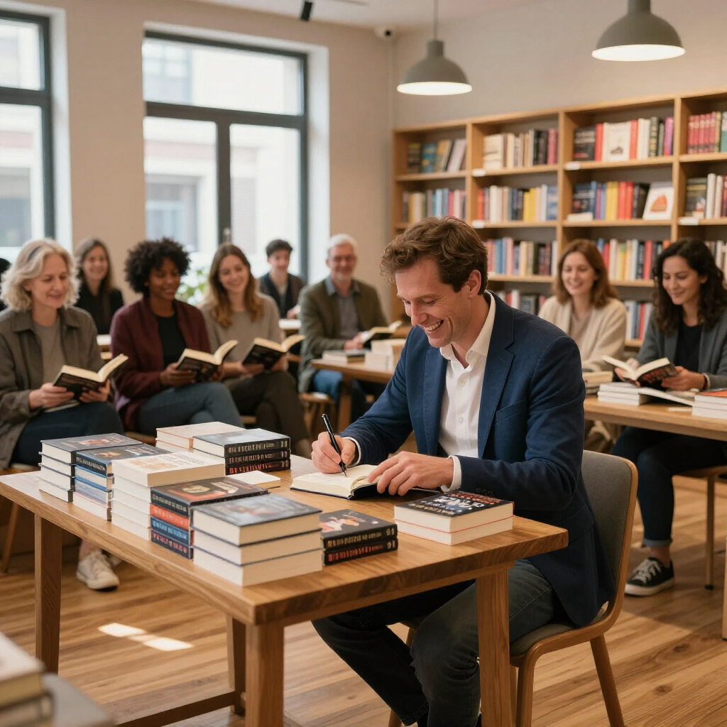 Author signing books at a table in a cozy bookstore, with seated audience members behind him.
