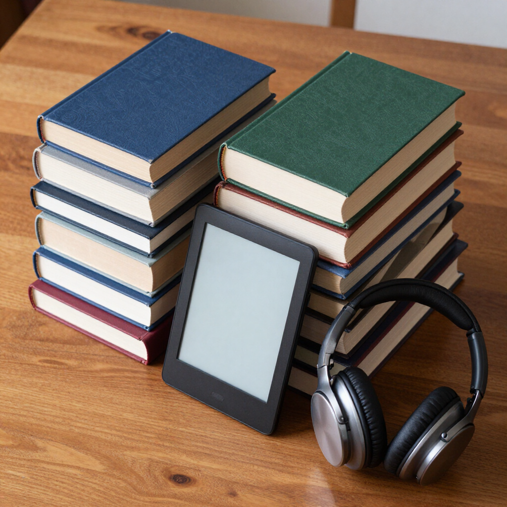 Two stacks of books with a tablet and black headphones on a wooden table.