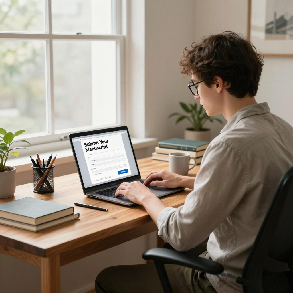 Person working on a laptop at a wooden desk in a bright home office by a window