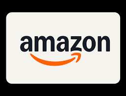 Amazon logo with black text and orange smile arrow on a white rounded rectangle.