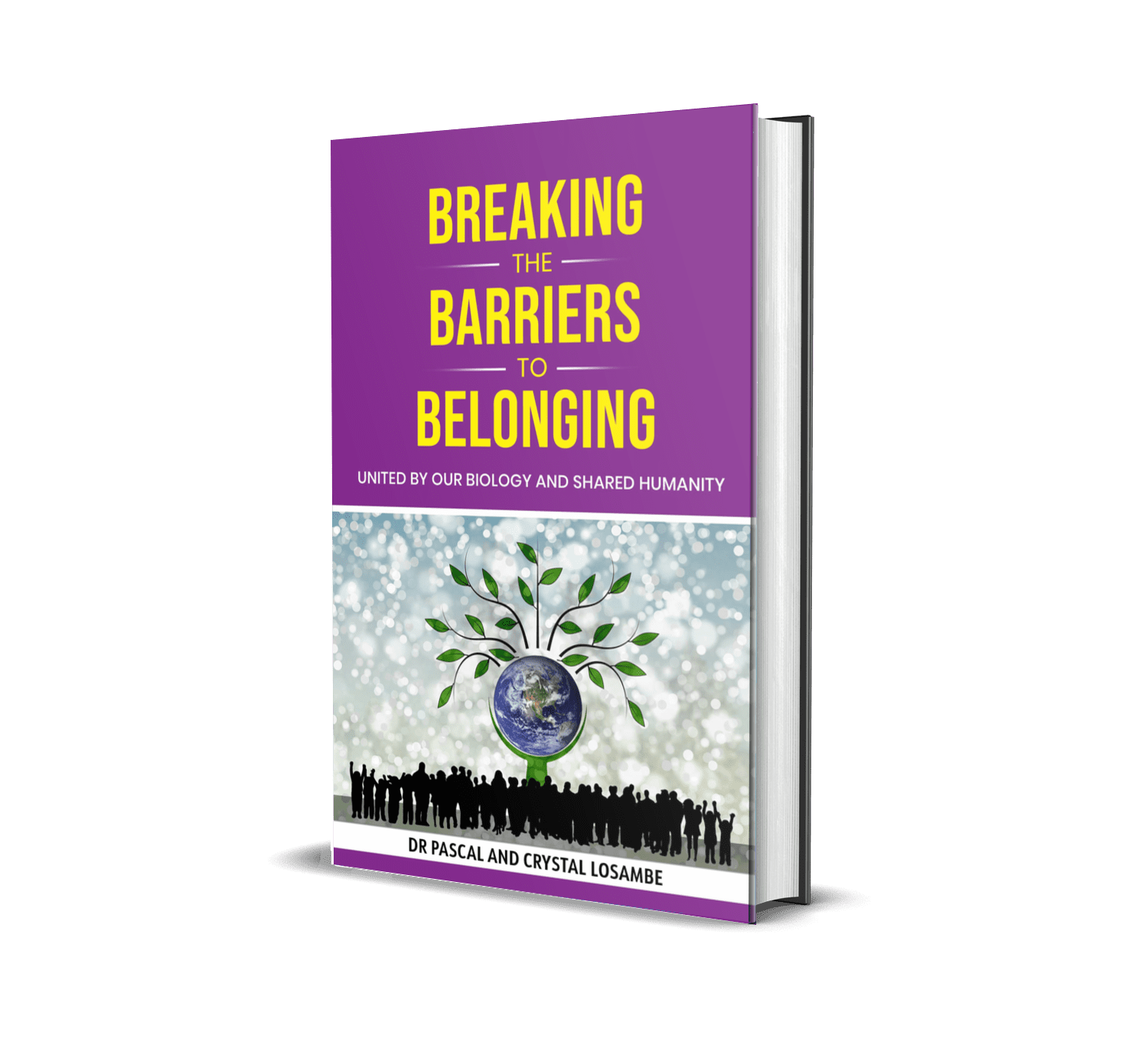 Book cover titled “Breaking the Barriers to Belonging” in purple and white with tree and city silhouette artwork