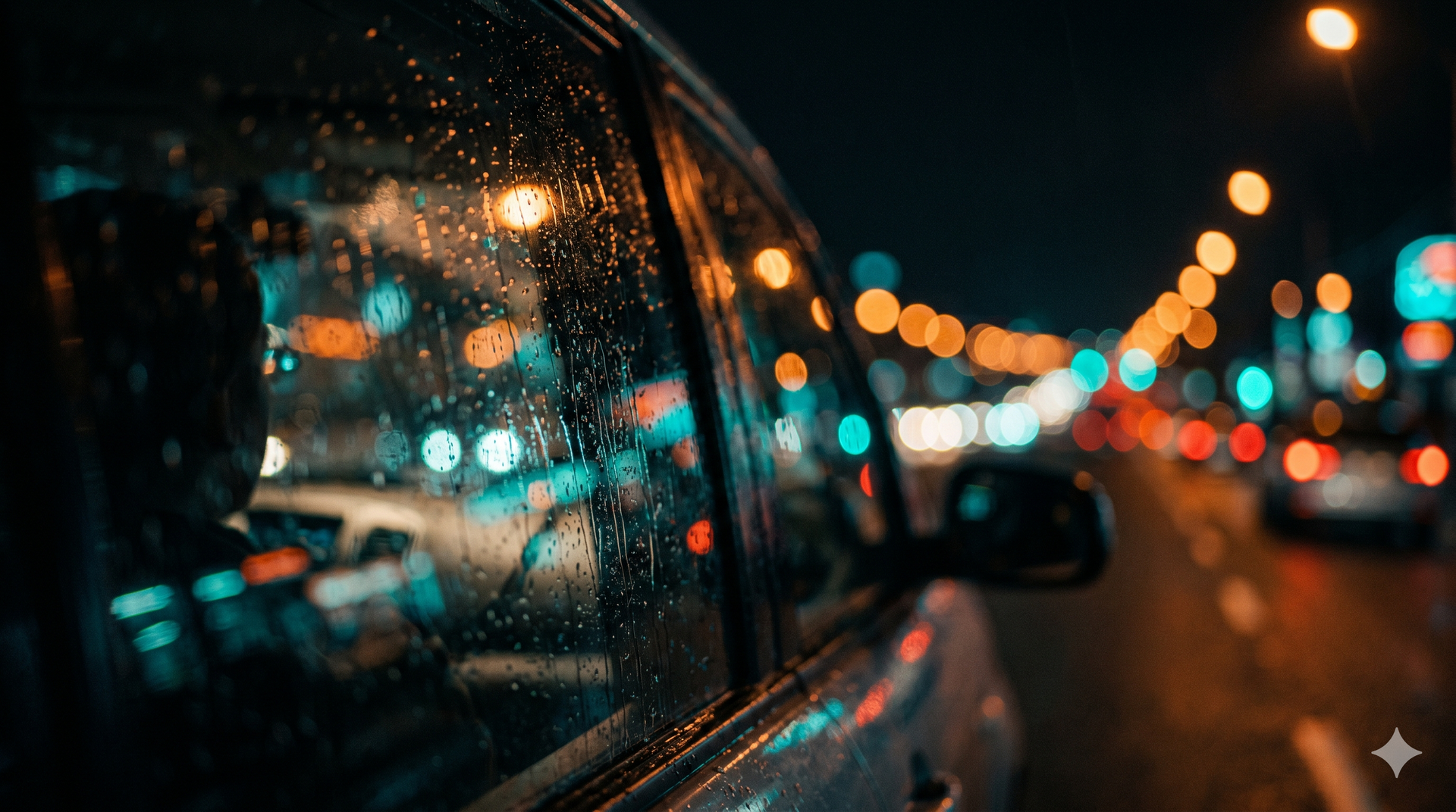 Rain-speckled car window with blurred city lights glowing at night