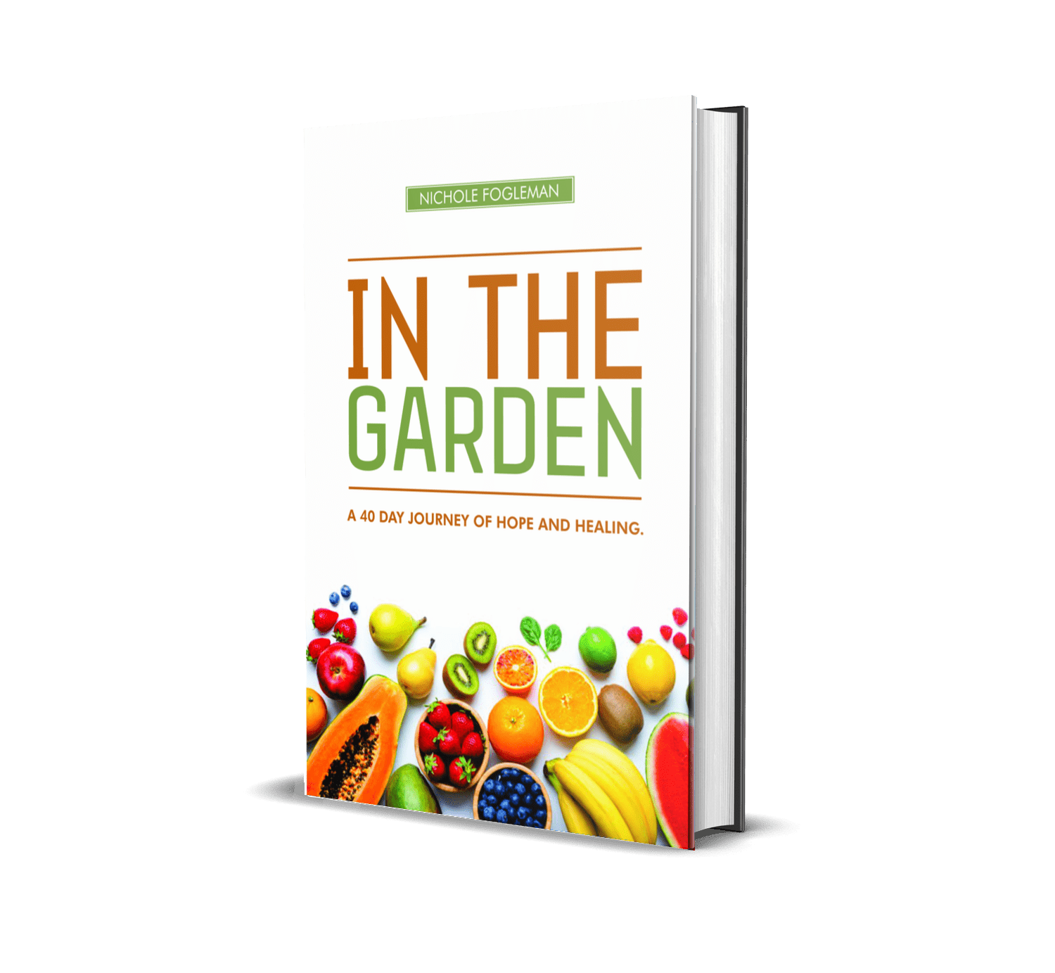 Book cover titled “In the Garden” with colorful fruits and vegetables at the bottom