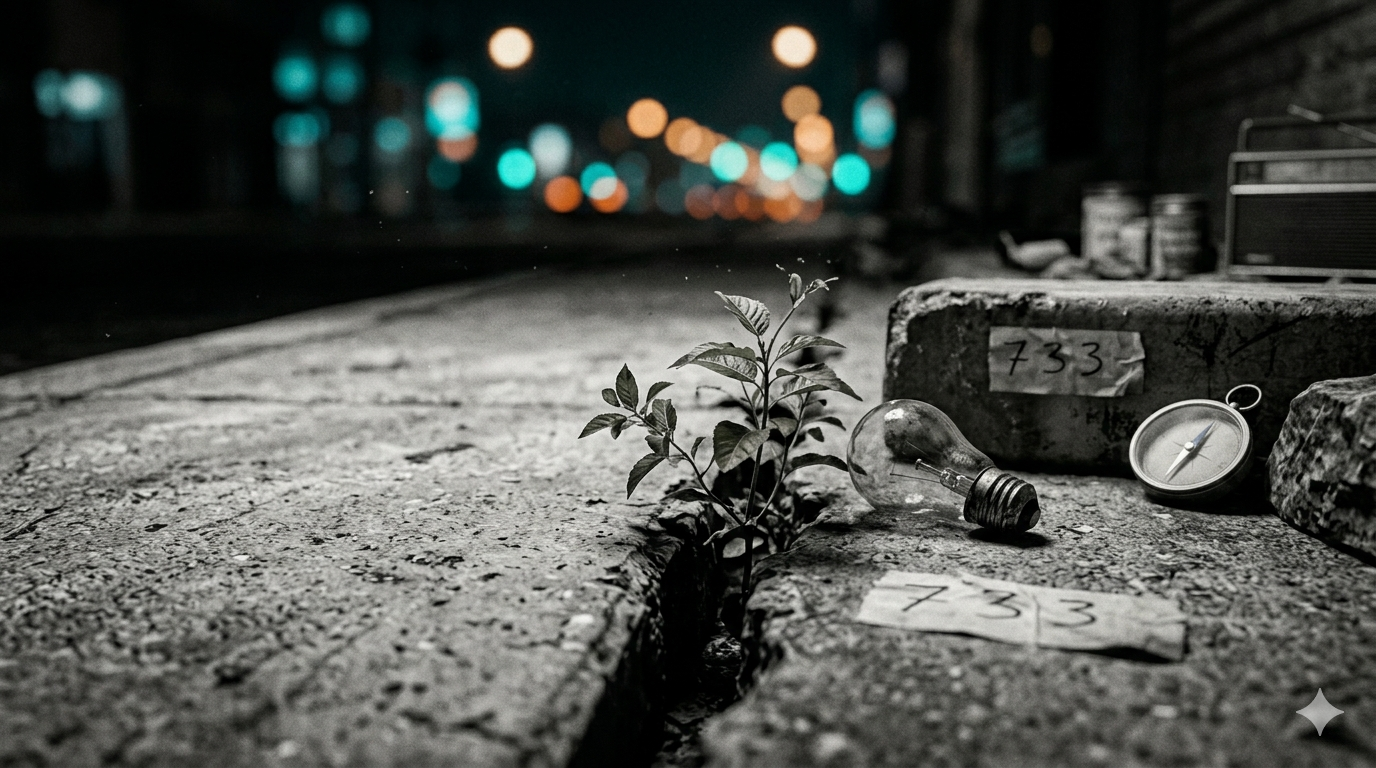 Black-and-white close-up of a small plant growing through a cracked sidewalk at night.