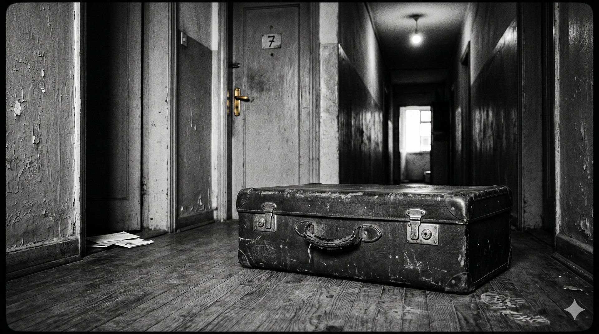 Old suitcase in a dim, narrow hallway with peeling walls and a light at the far end.