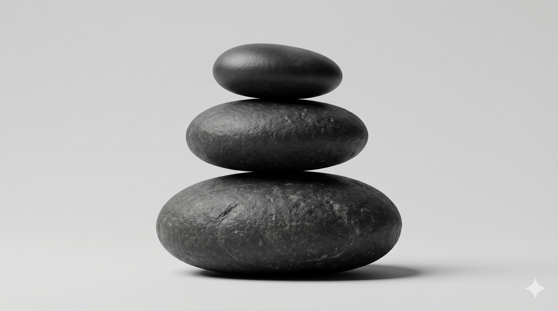 Three stacked smooth black stones on a light gray background