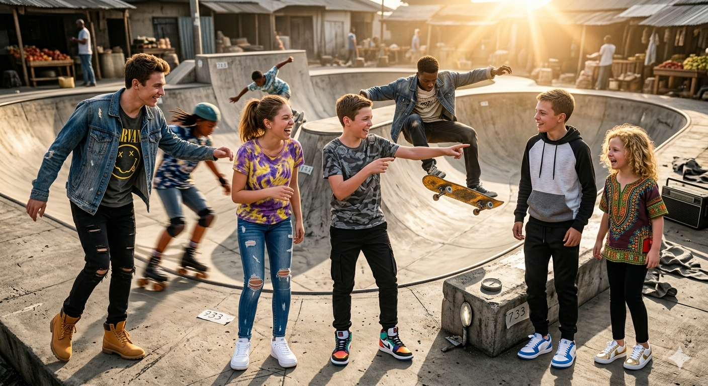 Five teens stand in a dusty street, pointing at a boombox while a sunlit truck burns behind them.