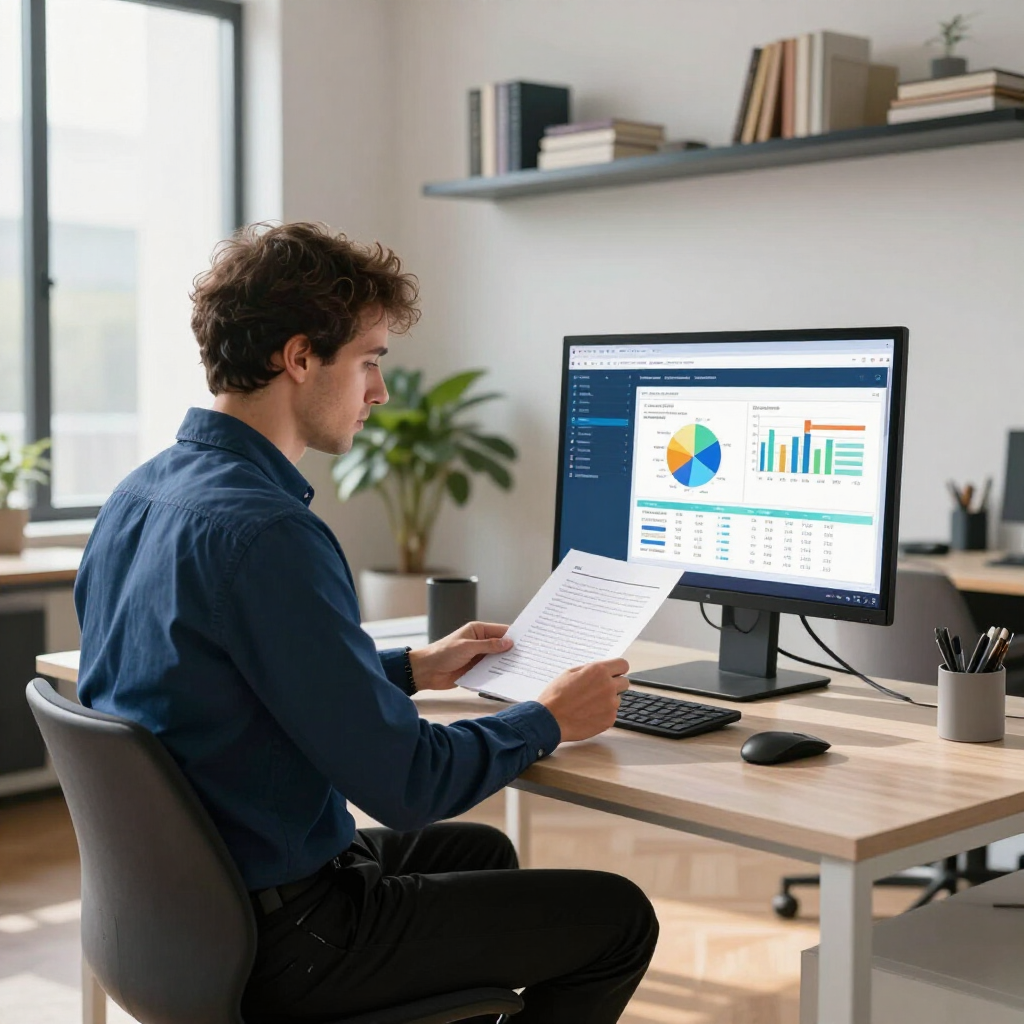 Person reviewing paperwork at a desk with a monitor showing charts and graphs in a bright office.