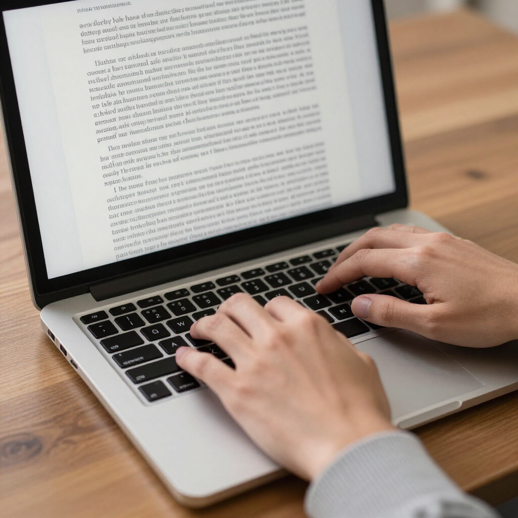 Hands typing on a laptop displaying text on a wooden desk.