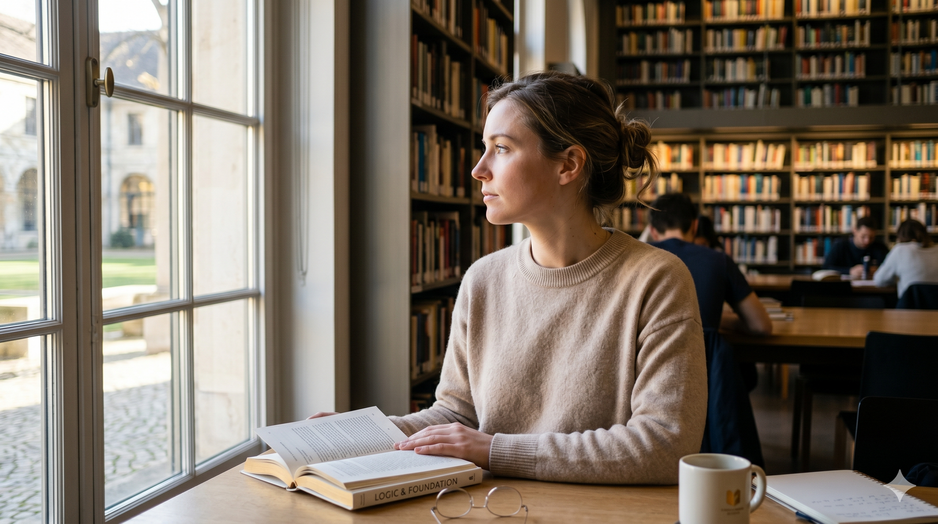 Woman sits by a window reading a notebook in a cozy library with bookshelves and a coffee mug.