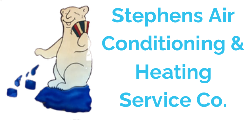 A smiling polar bear holding cards, standing on an ice floe, with text for Stephens Air Conditioning & Heating Service Co.