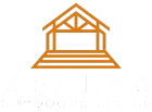 Orange line drawing of a simple gable-roof structure on a raised platform with steps.