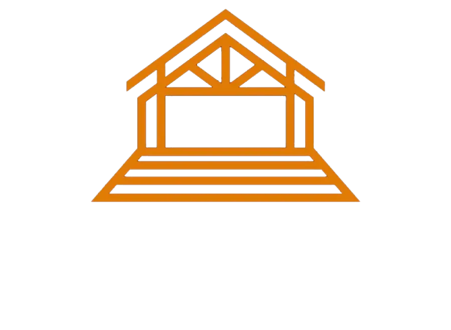 Orange line drawing of a simple gable-roof structure on a raised platform with steps.