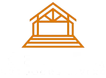 Orange line drawing of a simple gable-roof structure on a raised platform with steps.