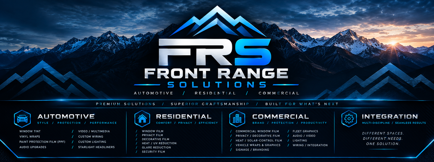 FRS Front Range Solutions banner with blue mountain graphics and services listed across the bottom
