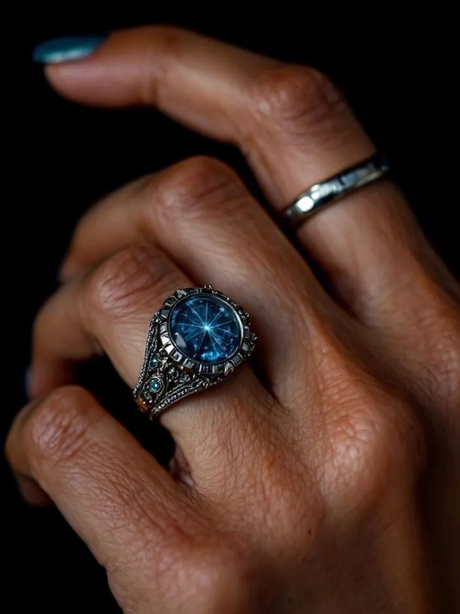 Hand wearing an ornate silver ring with a large blue gemstone and another ring.