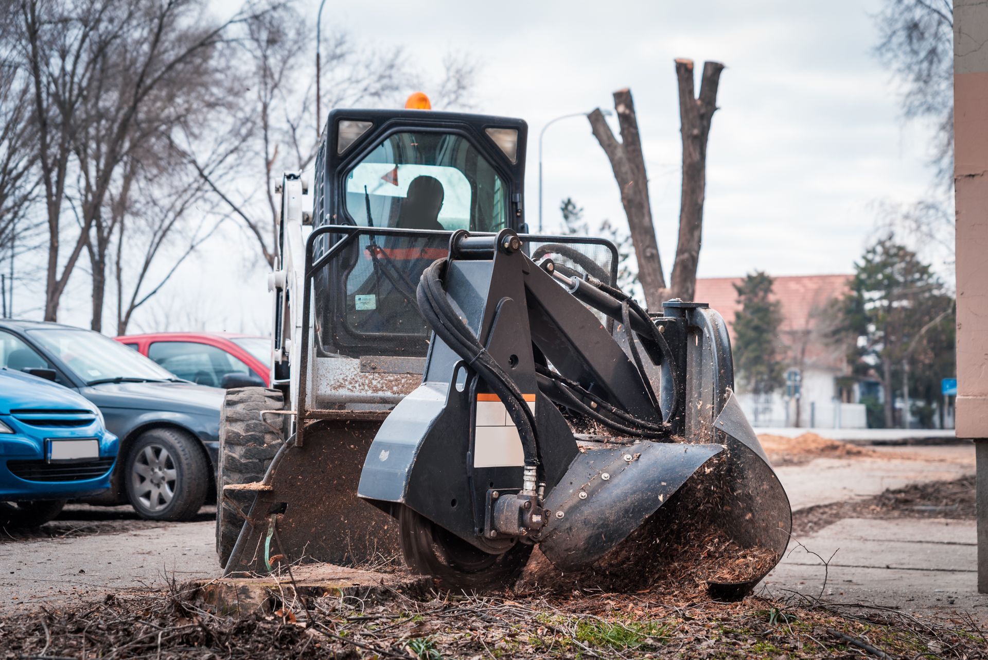 A bulldozer is cutting down a tree in a parking lot.