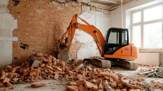 Orange excavator demolishing a brick wall inside a room, debris scattered on floor, window in background.
