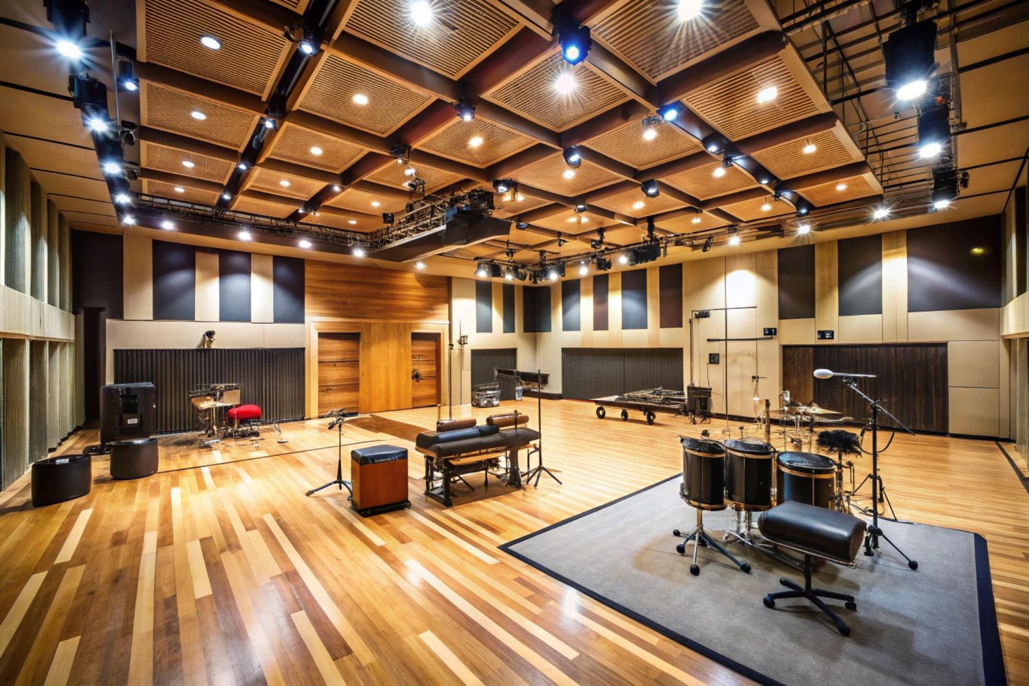 Recording studio with wooden floor, acoustic panels, and instruments including drums, piano, and microphones.
