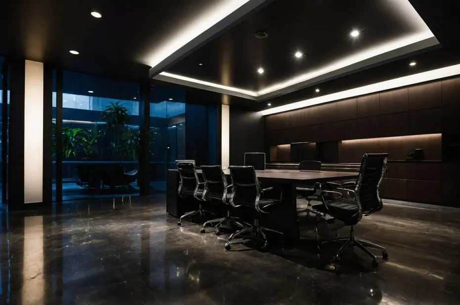Dark, modern boardroom with black chairs around a table. Ambient lighting and large window.