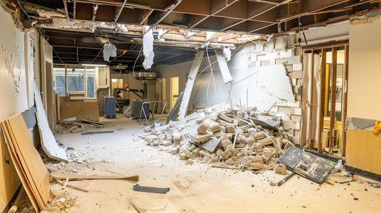 Interior demolition site: debris pile, exposed ceiling, torn walls, and a window.