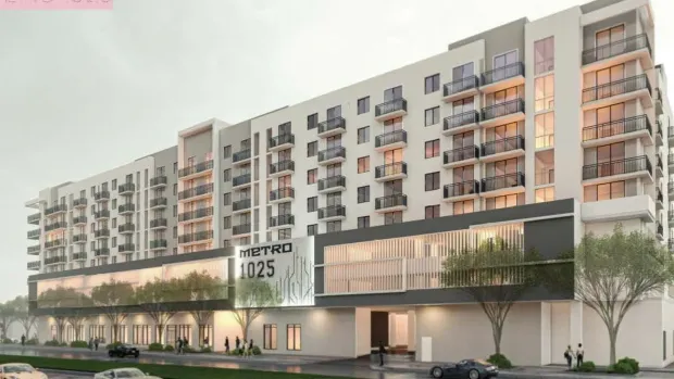 Modern apartment building: Metro 1025. Gray and white facade, balconies, ground-level retail, overcast sky.