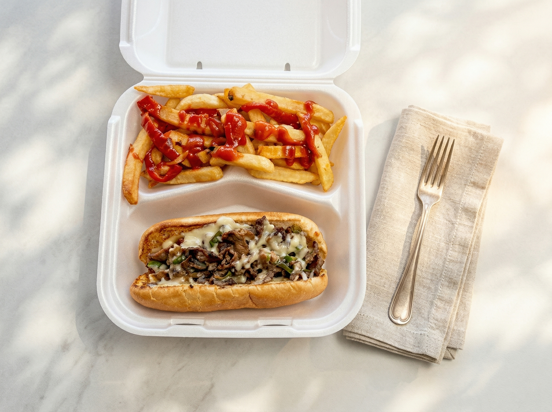 A styrofoam takeout container holds a cheesesteak sandwich and ketchup-covered fries, with a fork on a napkin nearby.