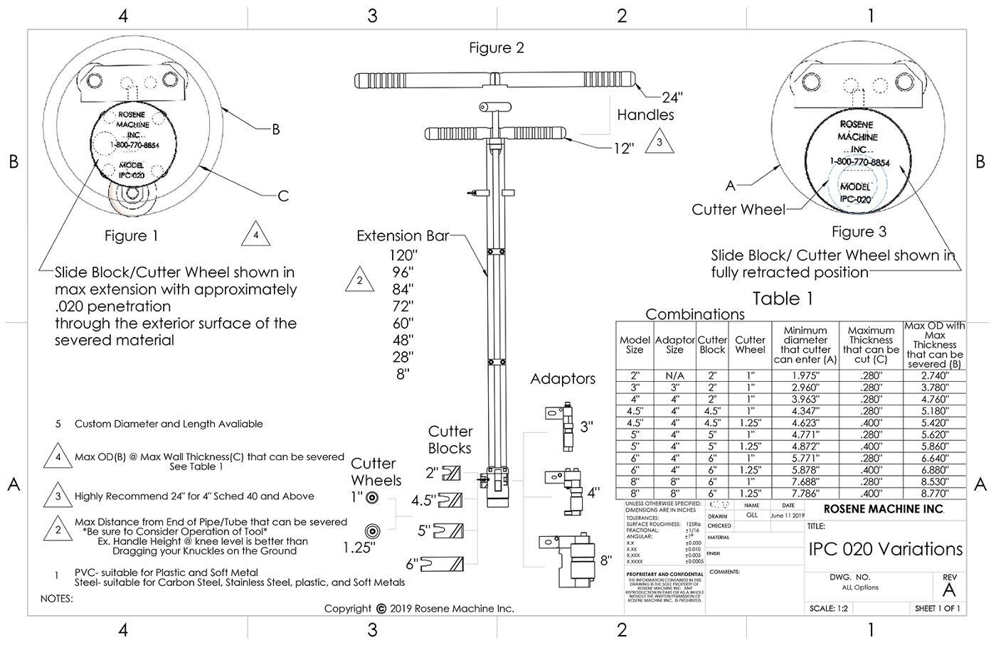Technical engineering drawing with circular and cross-section views, dimensions, notes, and a specification table