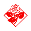 Red rose logo inside a tilted red square outline on a white background