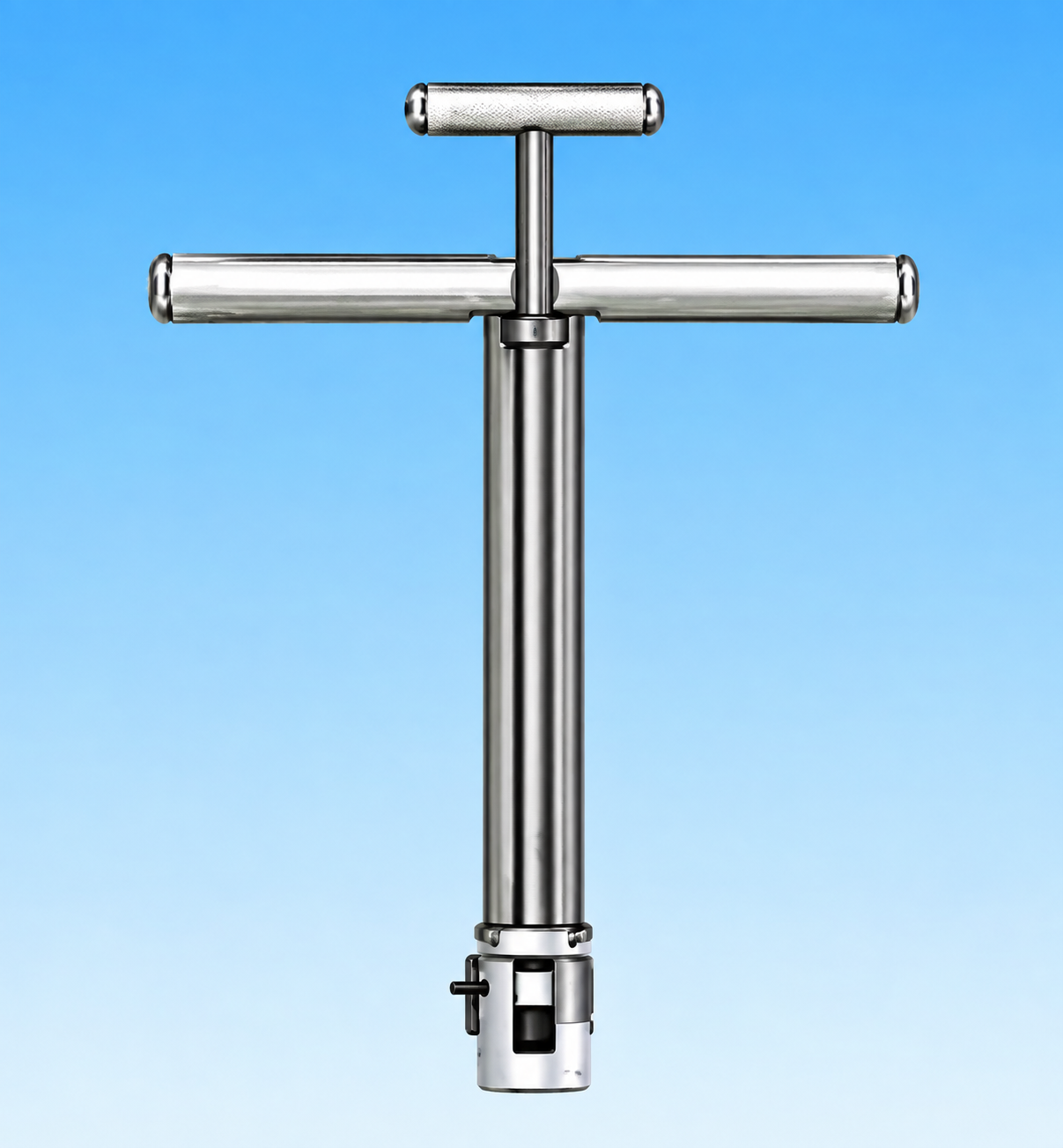 Silver T-shaped bicycle hand pump on a blue background