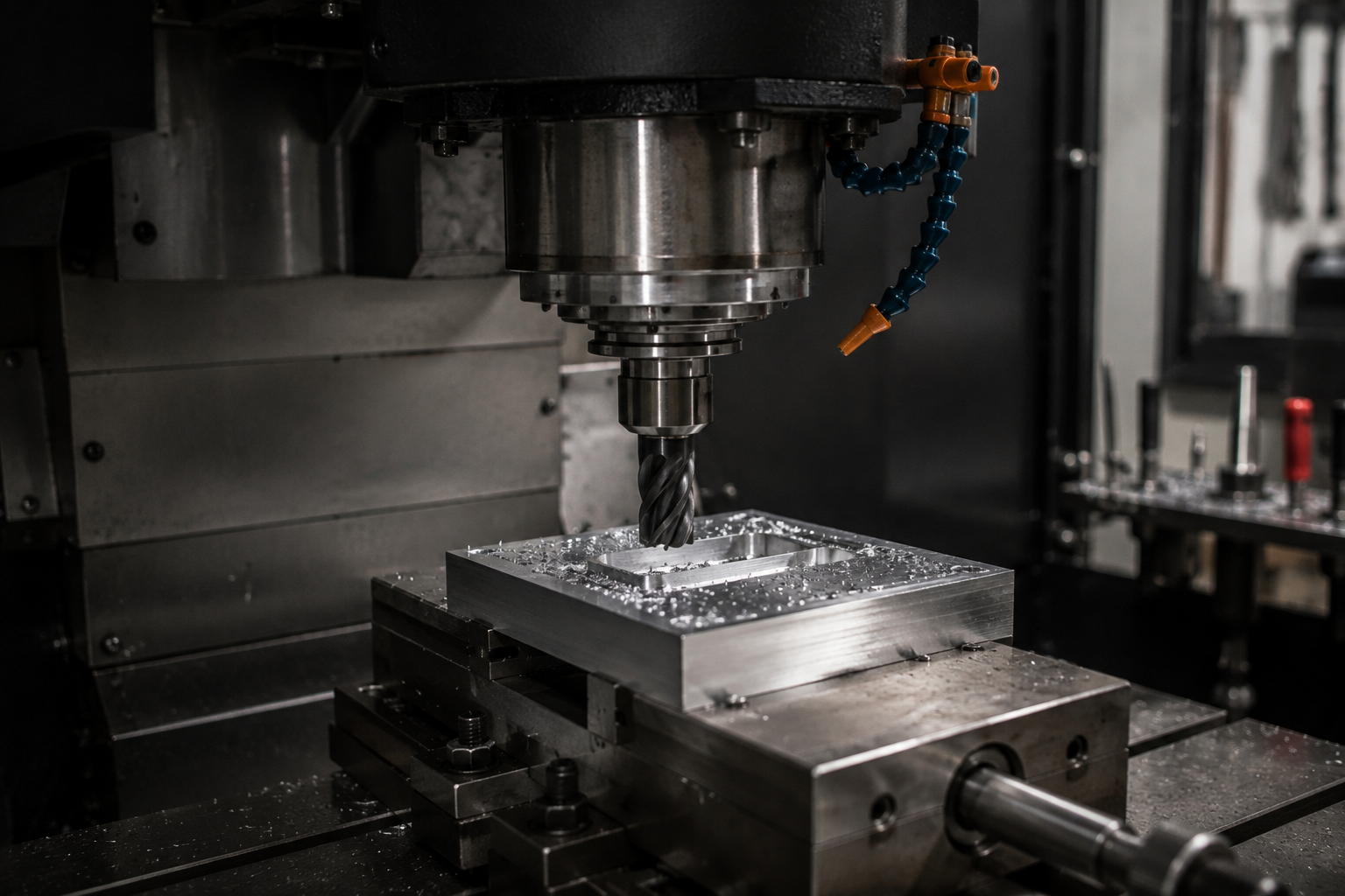 CNC machine drilling a metal block with coolant in a dim industrial workshop