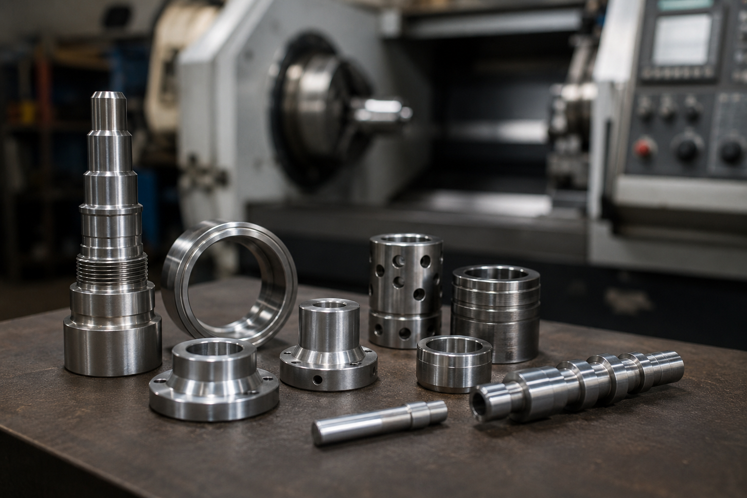 Assorted metal machine parts on a workbench in front of a lathe in a workshop
